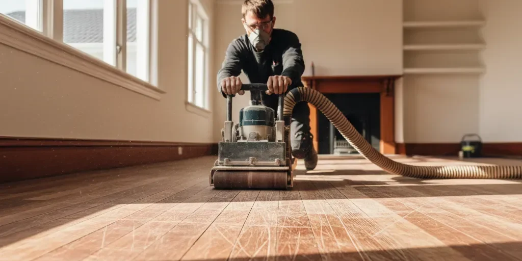 Belt sander on a scratched engineered timber floor in an Auckland bungalow