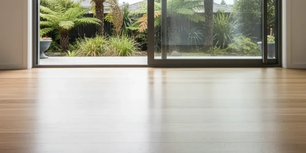 A freshly finished engineered timber floor reflects diffused daylight in an Auckland home with native tree ferns visible through a sliding glass door.