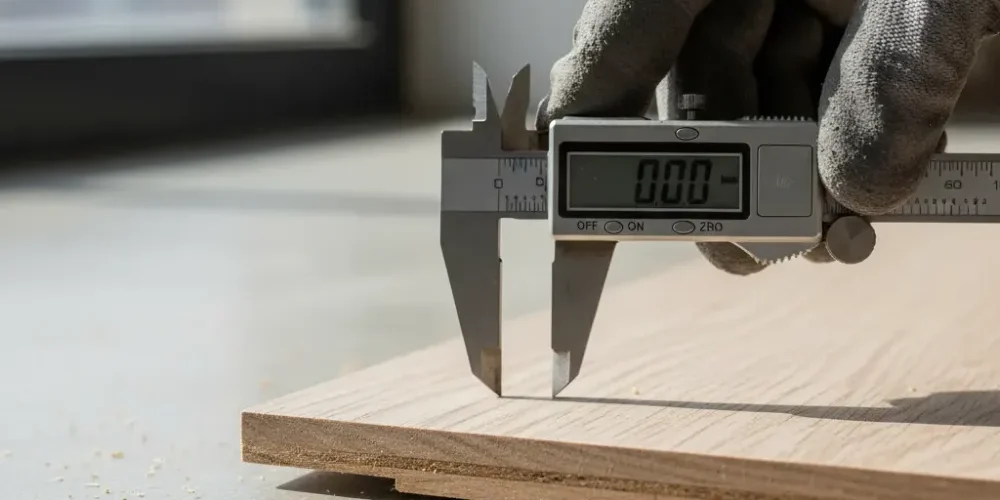 Callipers measuring the hardwood wear layer on an engineered timber board