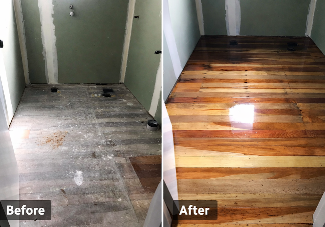 floor-sanding-before-after-auckland-1 Before and after timber floor sanding and refinishing in Auckland - worn boards restored to a glossy finish