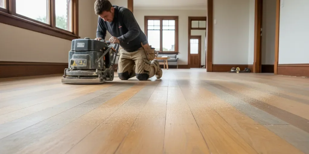 Drum sander on rimu timber floor in an Auckland villa