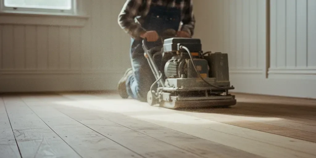 Drum sander taking a timber floor back to bare wood
