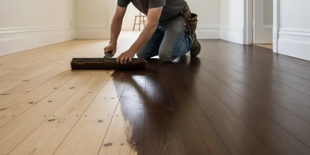 Stained timber floor with a deep colour after sanding in Auckland