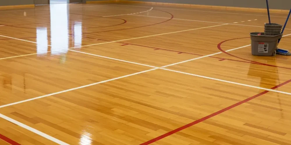 Polished maple sports floor with court lines