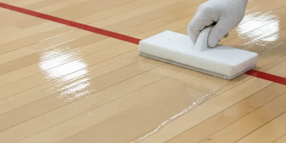 Applying polyurethane to a gym timber floor with an applicator pad