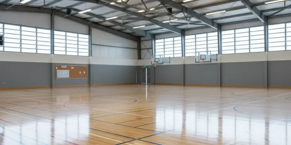 Restored maple gym floor with court lines in an Auckland school