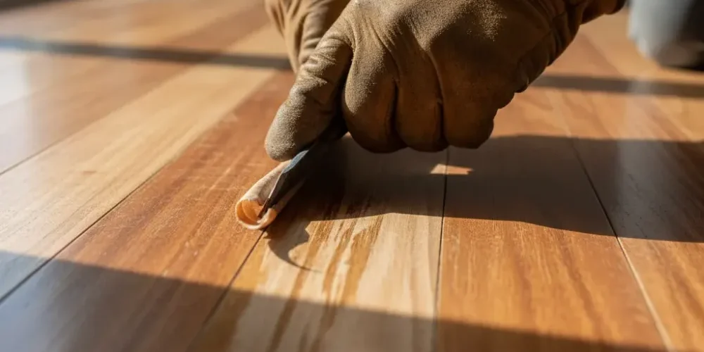 Old varnish being scraped off a rimu floorboard in an Auckland villa