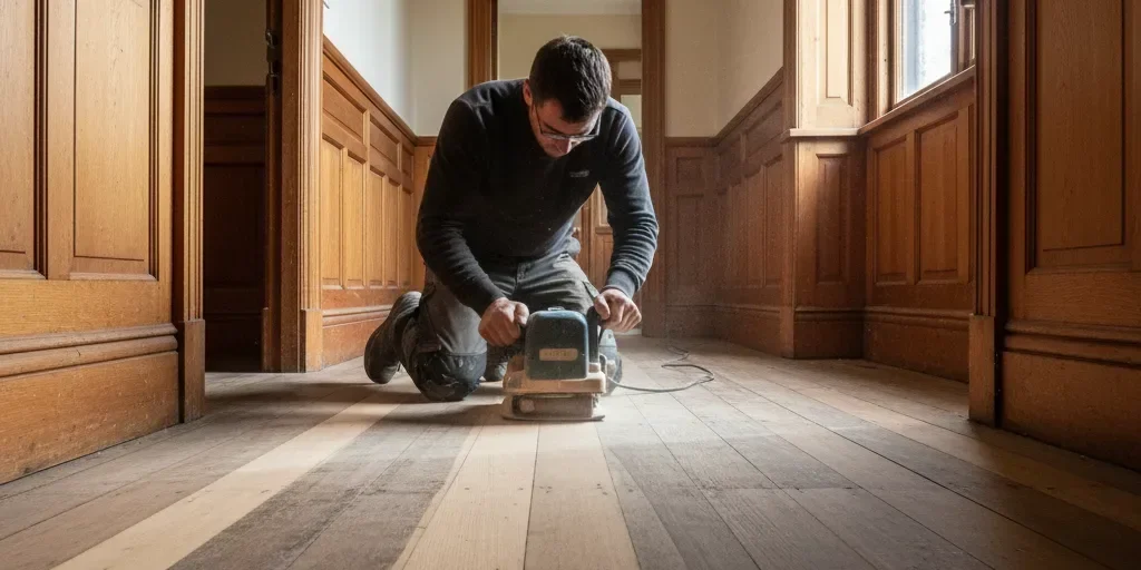 Kauri floorboards being sanded in an Auckland villa