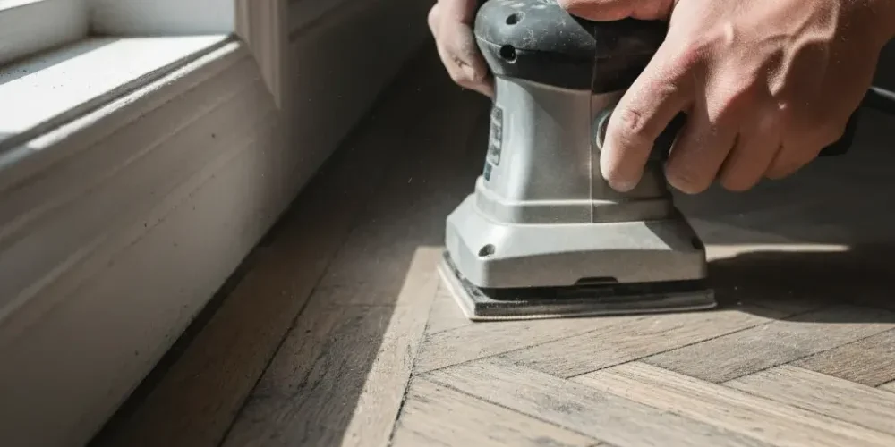 Edge sanding parquet blocks with grey-black staining at the joints