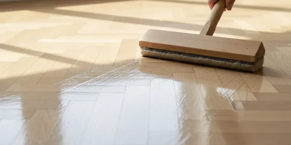 Spreading clear floor finish across sanded herringbone parquet