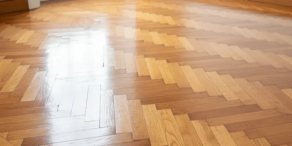 A fully polished herringbone parquet floor glowing with an even amber finish inside an Auckland home.