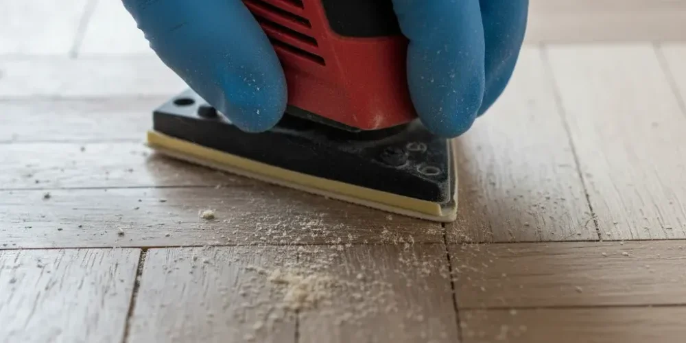 Detail sander in the corner joint of raw parquet blocks