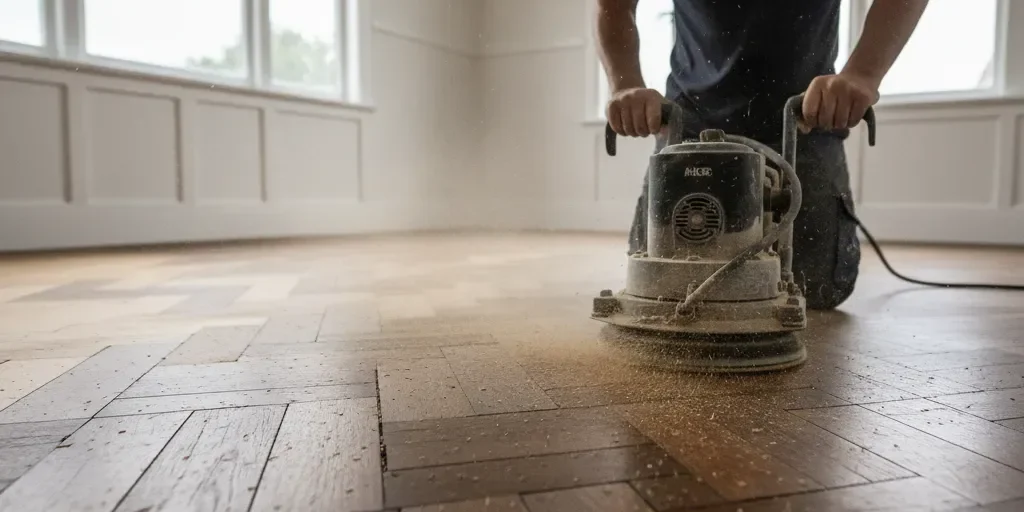 Drum sander on a herringbone parquet floor in an Auckland bungalow