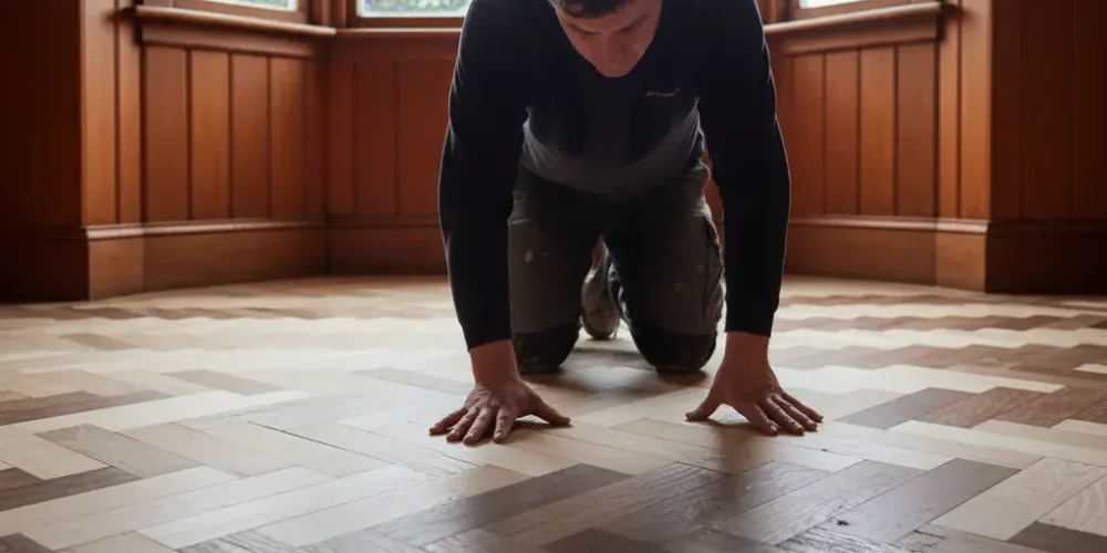 Inspecting a herringbone parquet floor in an Auckland character home
