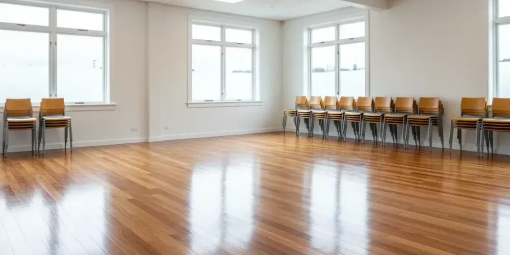 Freshly polished commercial timber floor with stacked chairs