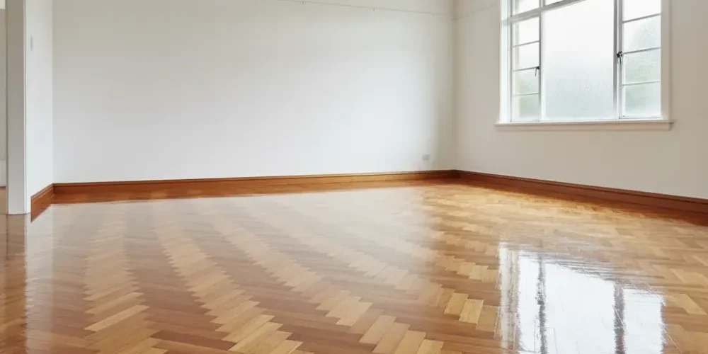 Polished herringbone parquet floor in an Auckland bungalow living room