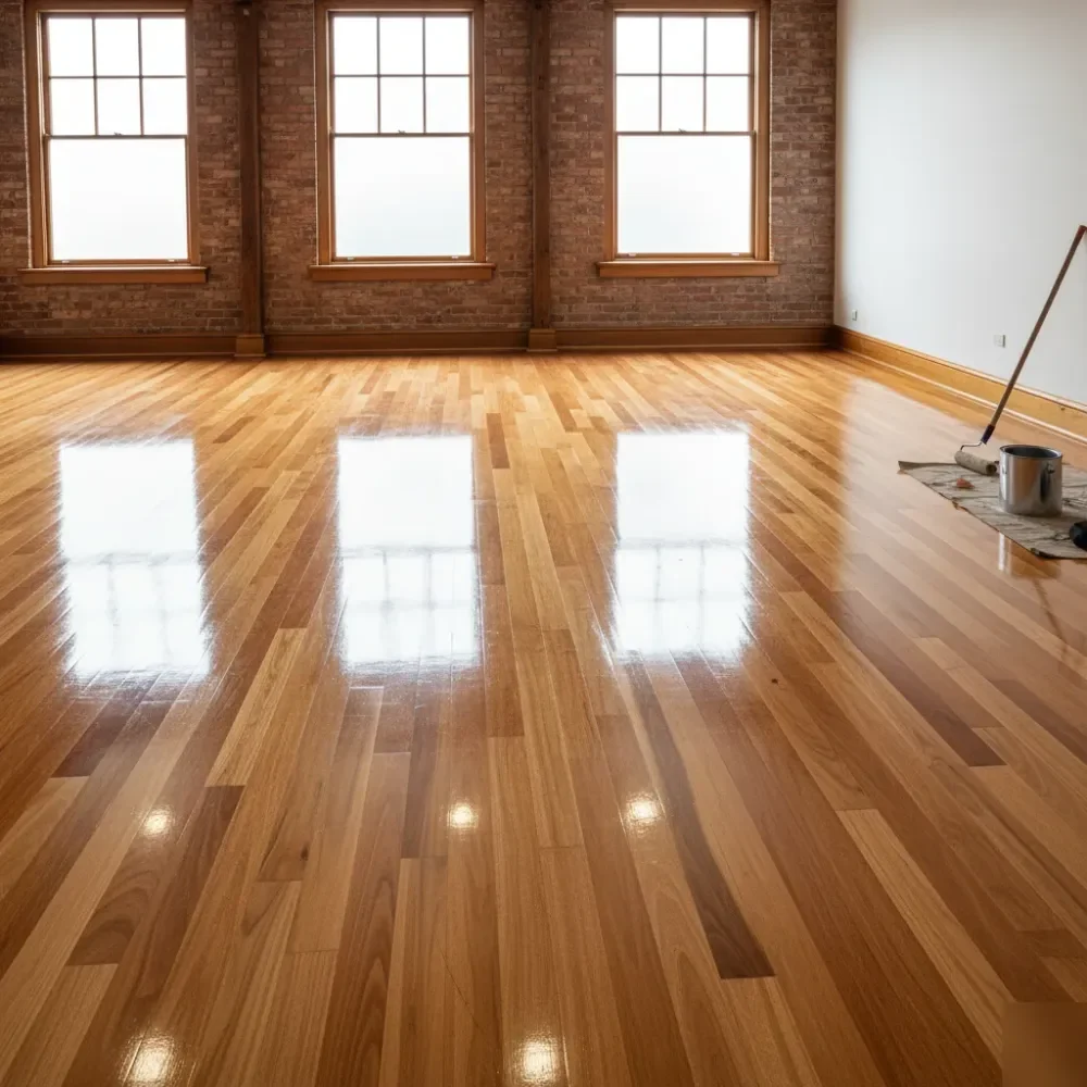 A freshly polished rimu timber floor reflects daylight in a heritage brick-walled Auckland commercial retail interior with exposed ceiling beams and sash windows.