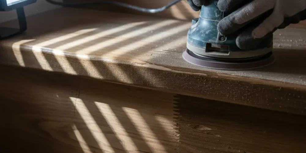 Orbital sander on a timber stair nosing with worn coating removed