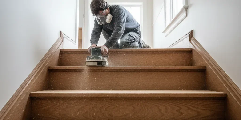 Sanding a kauri staircase in an Auckland villa