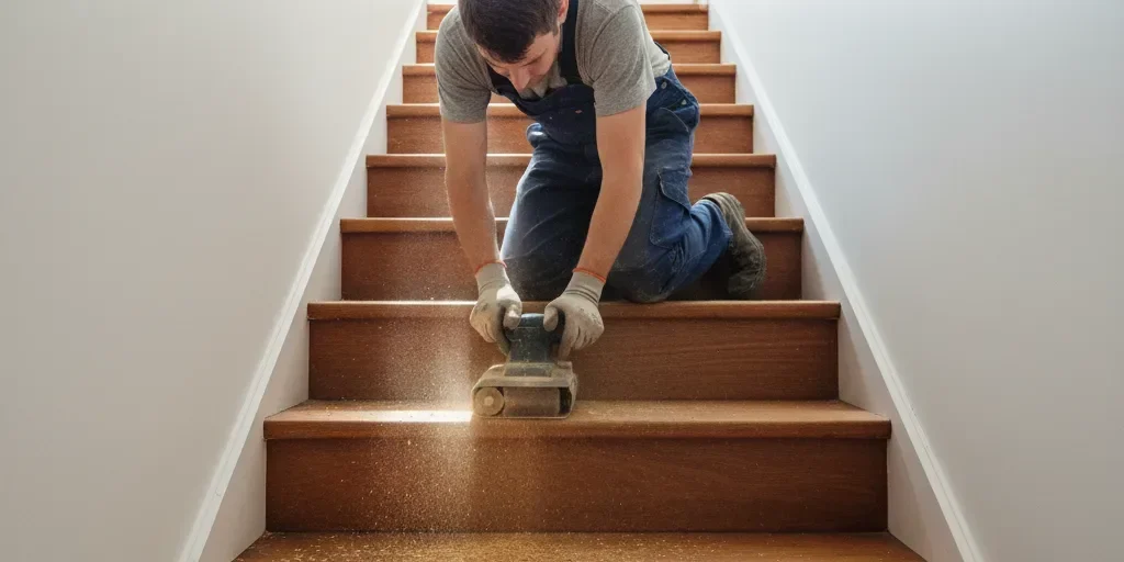 Belt sander on worn rimu stair treads in an Auckland villa