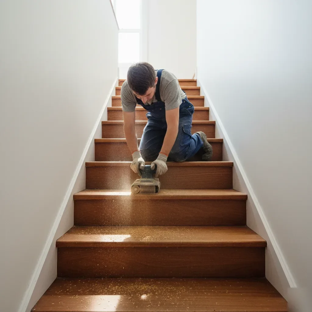Timber staircase sanding and polishing service in Auckland villa home with belt sander on worn rimu wood treads.